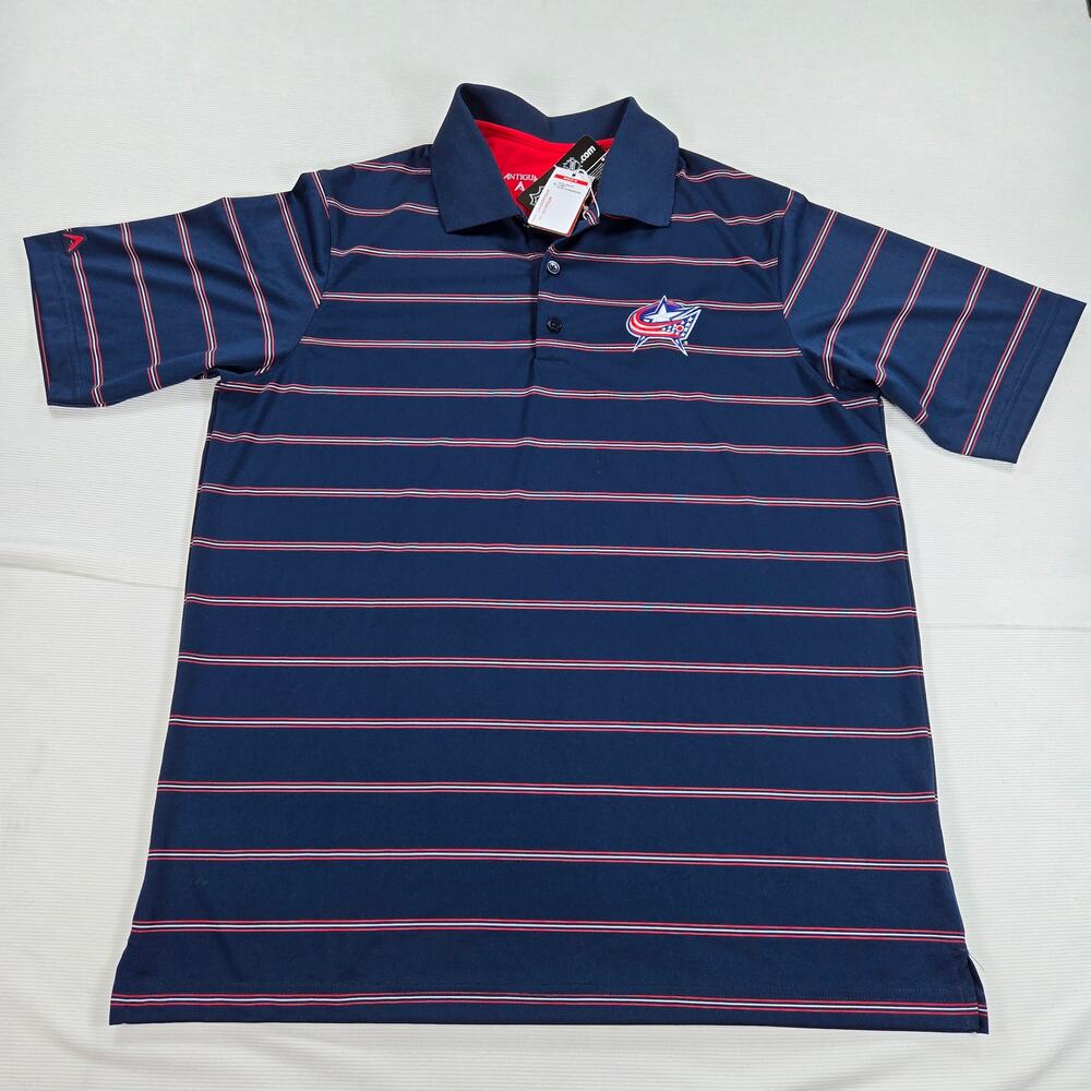 NWT Antigua NHL Columbus Blue Jackets Short Sleeve Striped Polo Men's Size Large - Picture 2 of 8